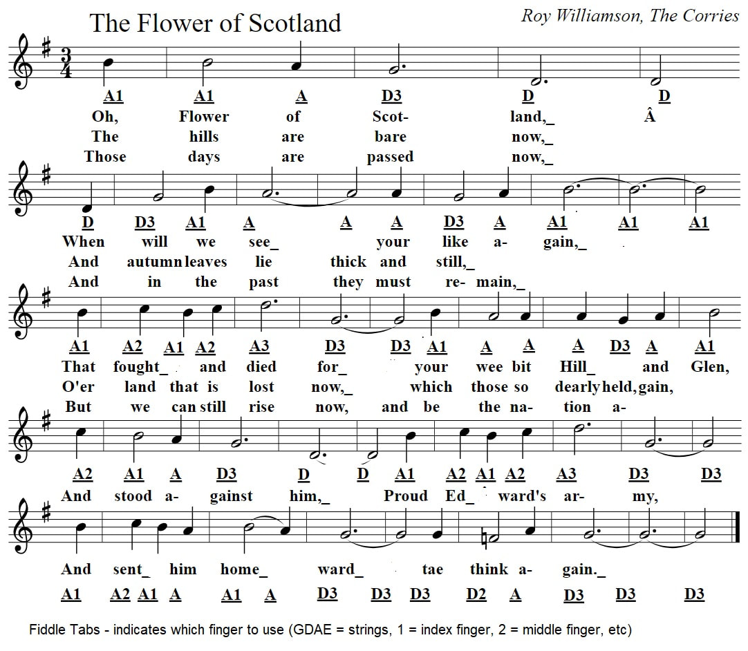 Flower of Scotland fiddle sheet music tab with fingering