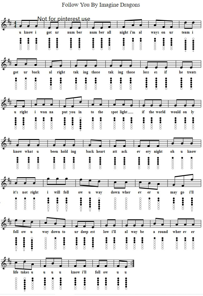 Follow You Sheet Music And Tin Whistle Notes By Imagine Dragons