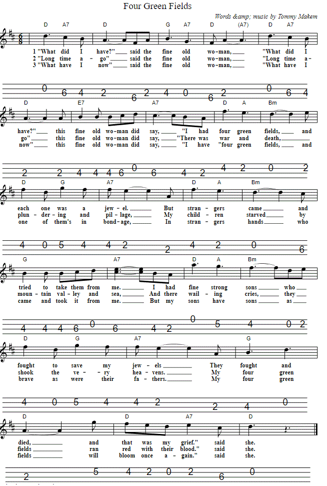 Four green fields tenor guitar tab in CGDA tuning