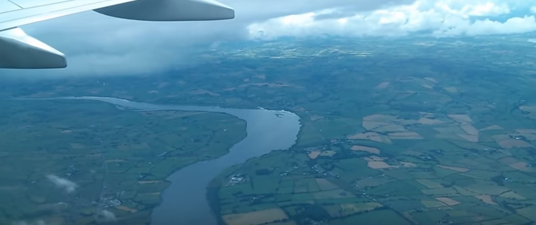 The River Foyle Derry from above showing green fields