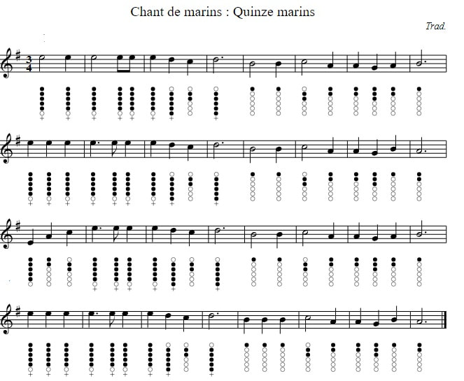Quinze Marins tin whistle sheet music notes