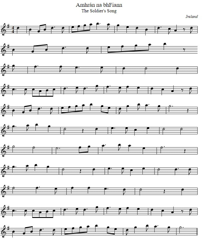 The Irish National Anthem sheet music in the low version of G Major