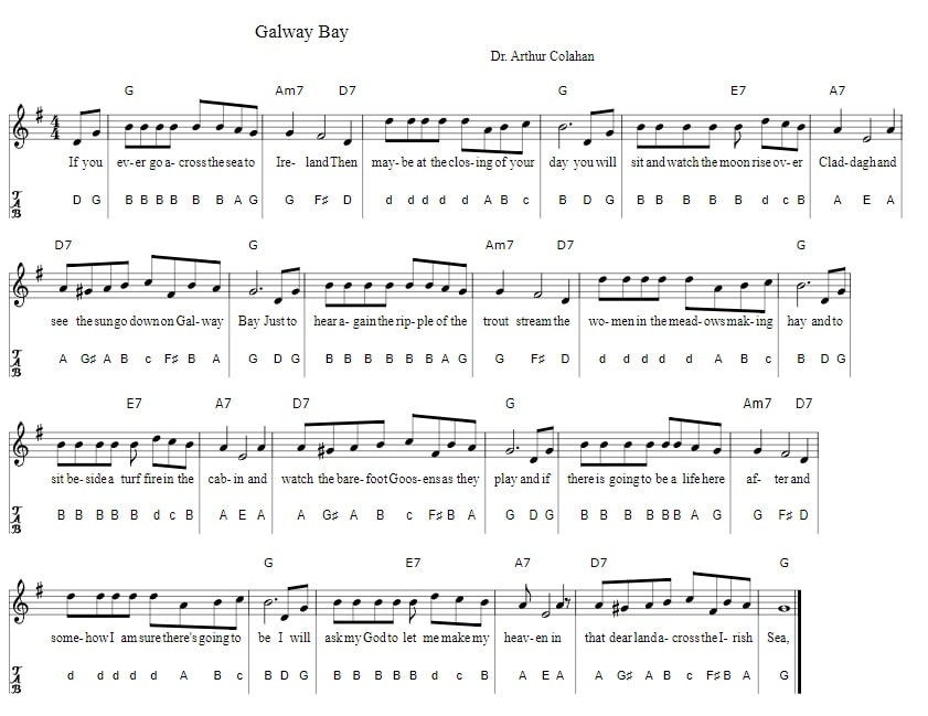 Galway Bay flute / piano sheet music with letter notes