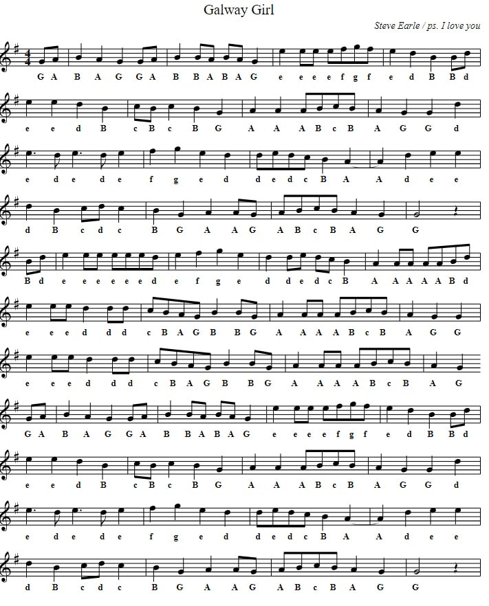 Galway Girl sheet music in G Major which includes the beginners letter notes