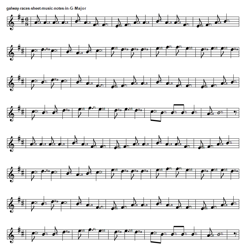 The Galway Races sheet music notes in D Major in solfege do re mi