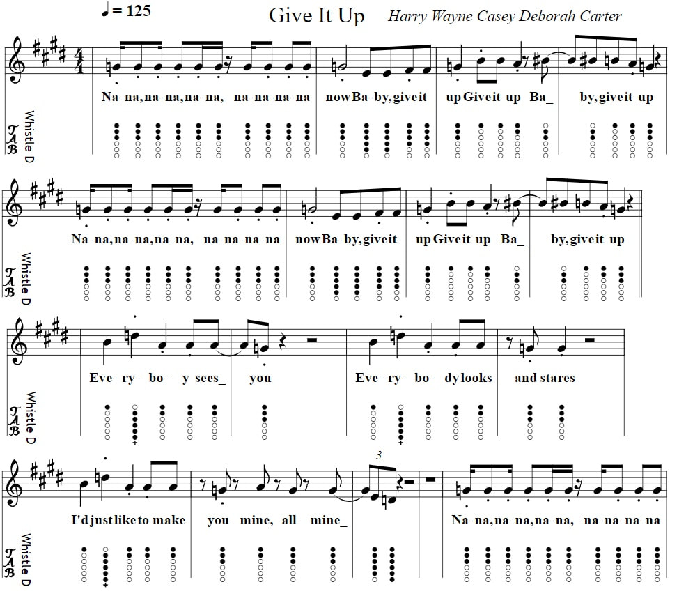Give It Up Sheet Music And Tin Whistle Notes by KC And The Sunshine Band