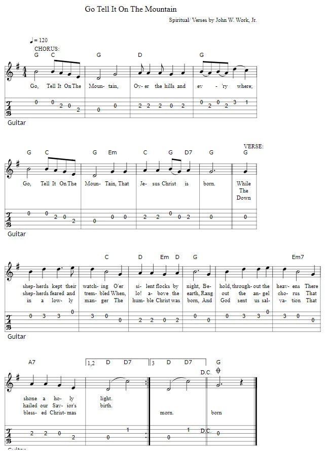 Go tell it on the mountain guitar tab and chords