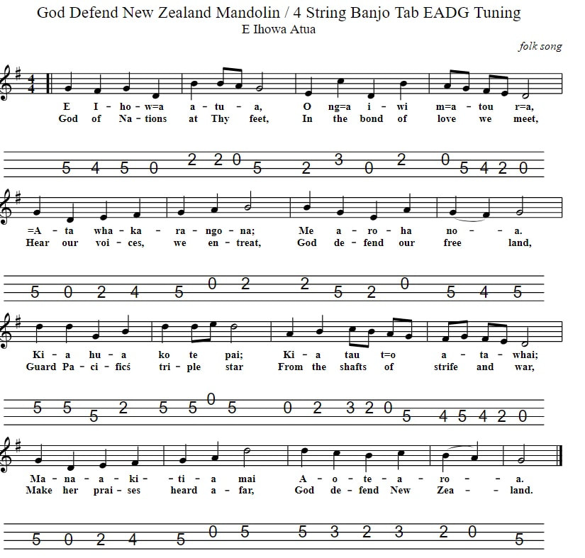 God Defend New Zealand National anthem mandolin 4 string banjo tab