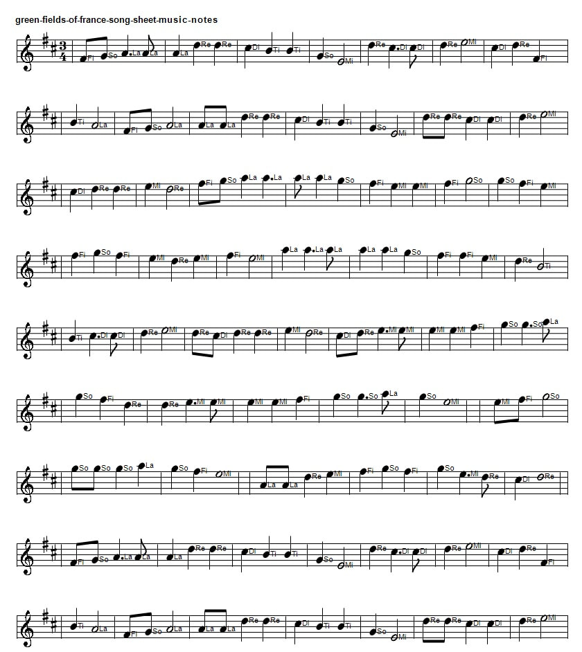 The green fields of France song sheet music notes in D Major in solfege