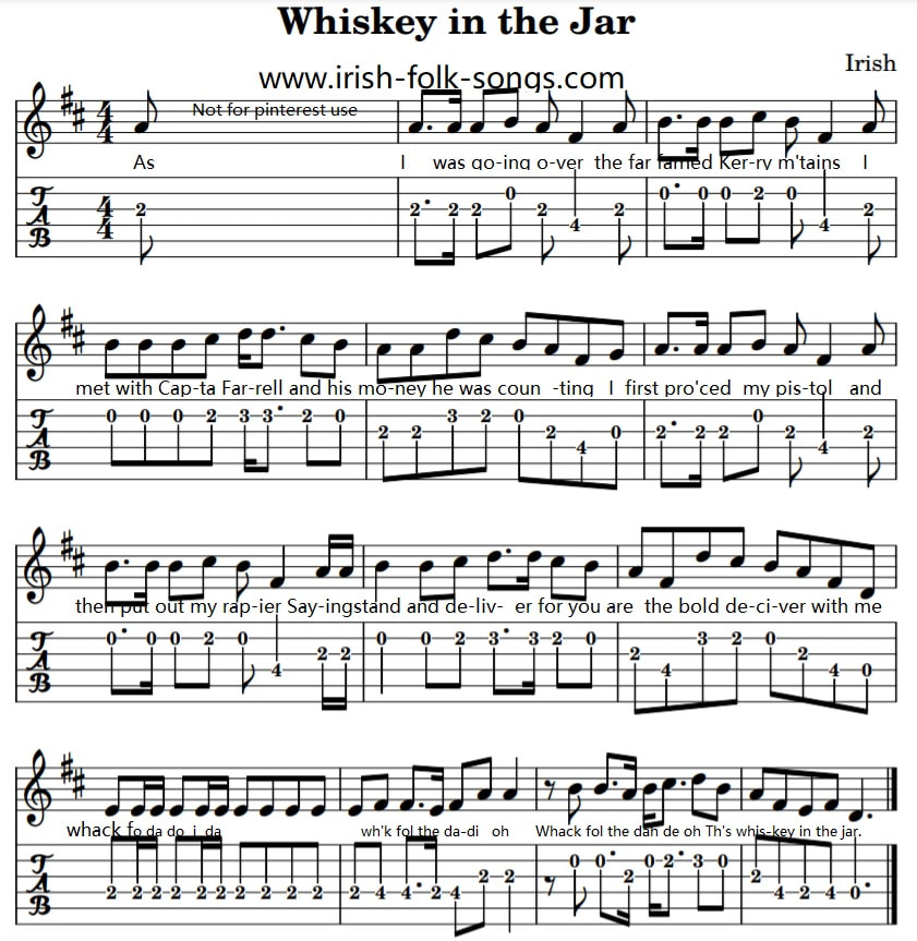 Whiskey in the jar guitar tab in D Major with lyrics