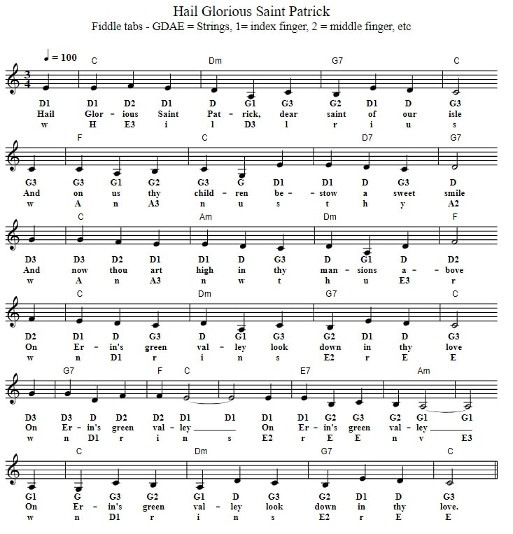 Hail glorious Saint Patrick violin sheet music for beginners