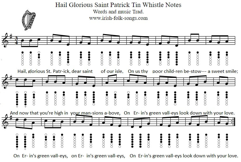 Hail glorious Saint Patrick tin whistle notes
