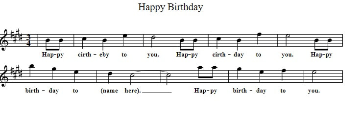 Happy birthday sheet music in the key of E Major