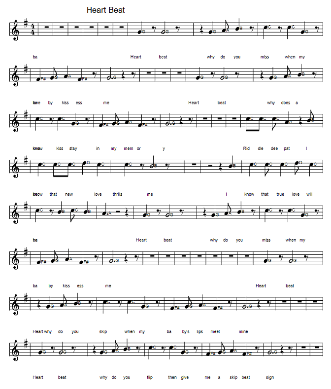 Heartbeat piano sheet music with letter notes and lyrics by Buddy Holly