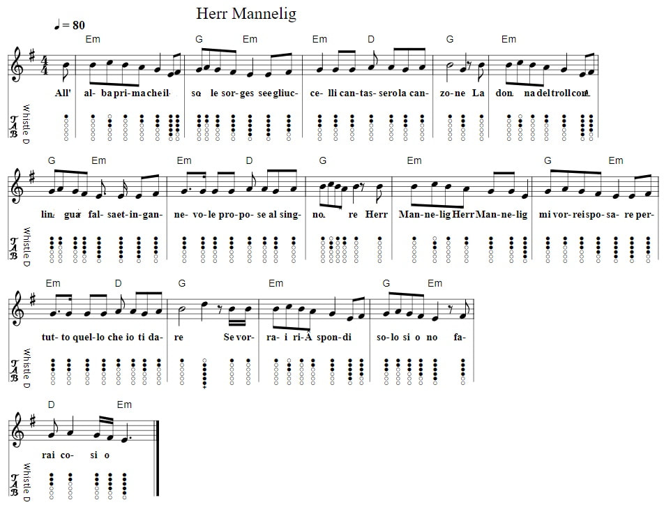 Herr Mannelig piano sheet music chords and tin whistle notes