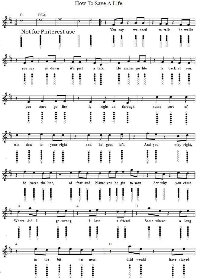 How To Save A Life Sheet Music And Tin Whistle Notes By The Fray
