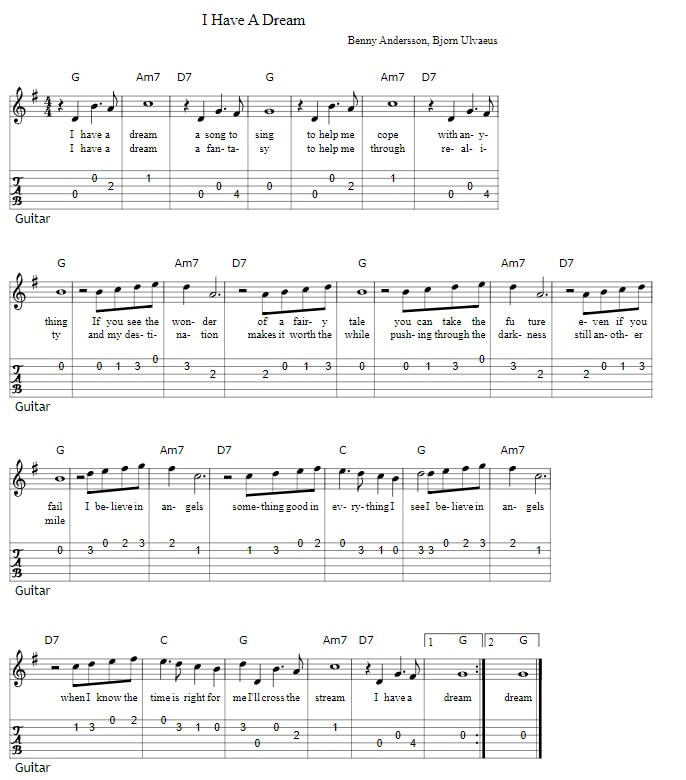 I have a dream fingerstyle guitar tab in G Major