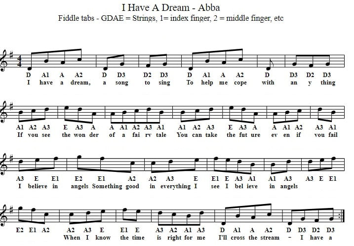 I have a dream fiddle tab with letters