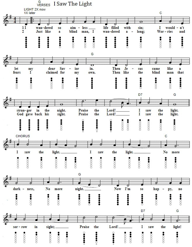 I saw the light tin whistle tab and easy sheet music