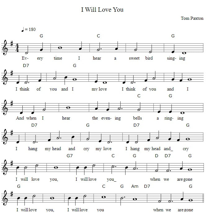 I will love you sheet music by Tom Paxton and The Furey Brothers