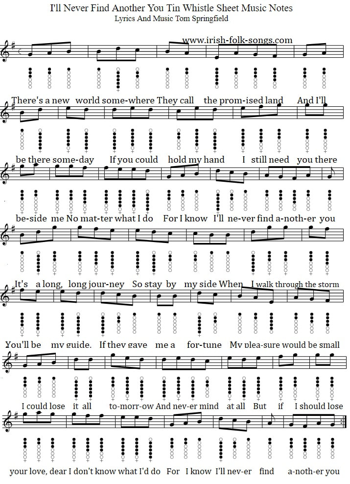 I'll never find another you sheet music for tin whistle