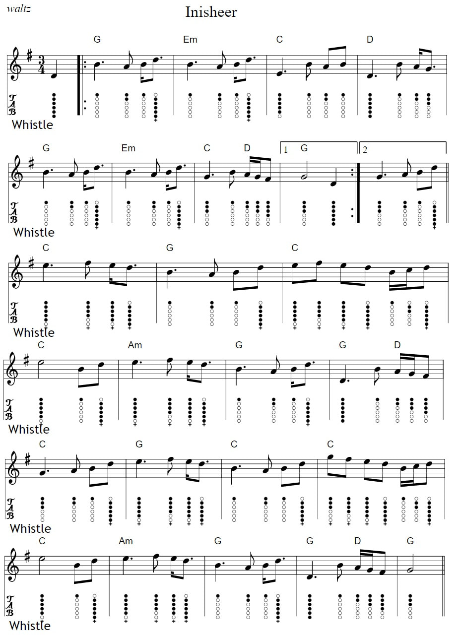 Inisheer sheet music tin whistle tab with chords