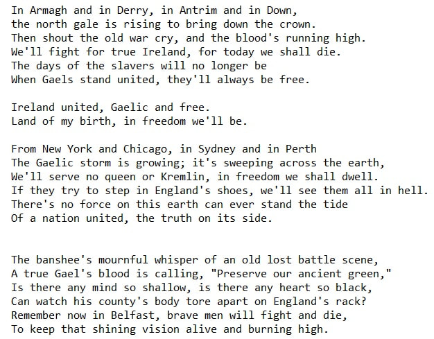 Ireland united Gaelic and free lyrics