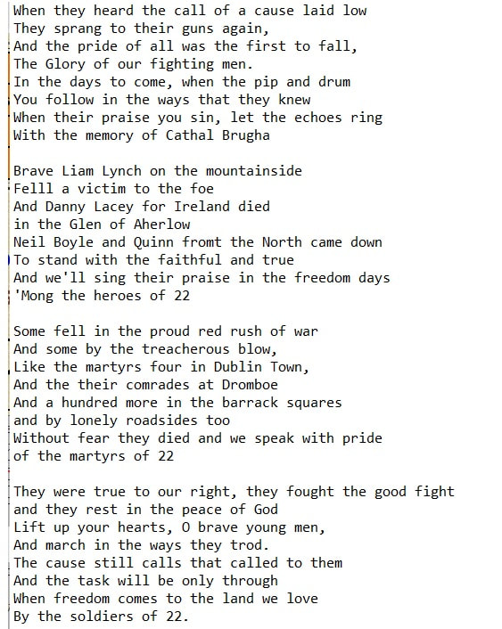Irish civil war song The Soldiers Of Twenty Two