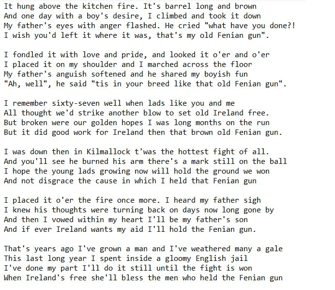Irish rebel song lyrics The Old Fenian Gun