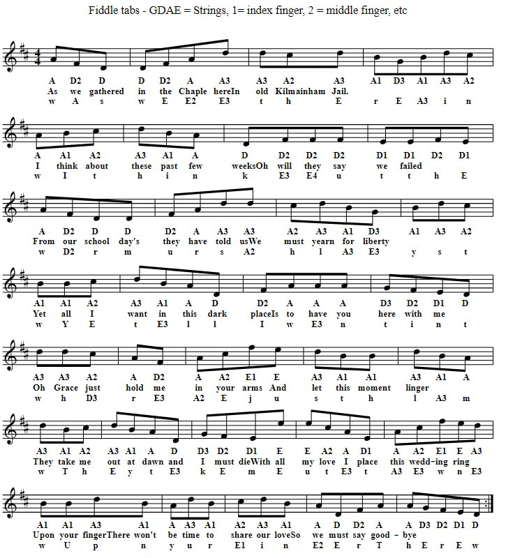 Irish song Grace fiddle sheet music for beginners