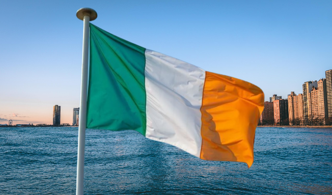 Irish flag flying over river