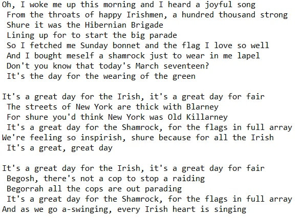 It's a great day for the Irish lyrics