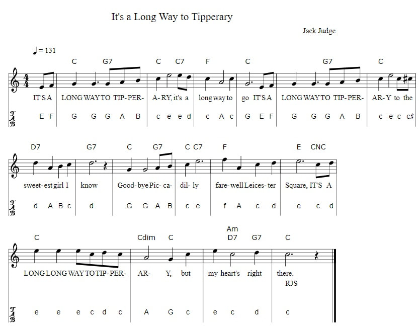 Its a long way to Tipperary flute sheet music with letter notes