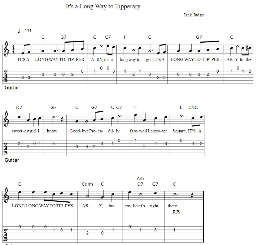 It's a long way to Tipperary guitar chords and tab