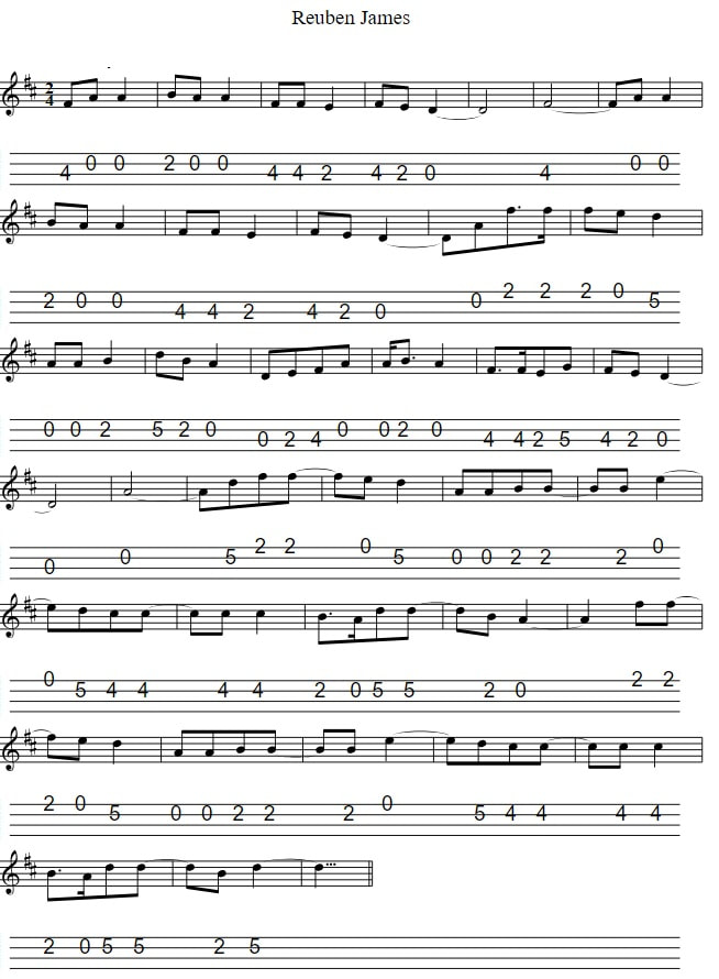 Reuben James sheet music notes for mandolin