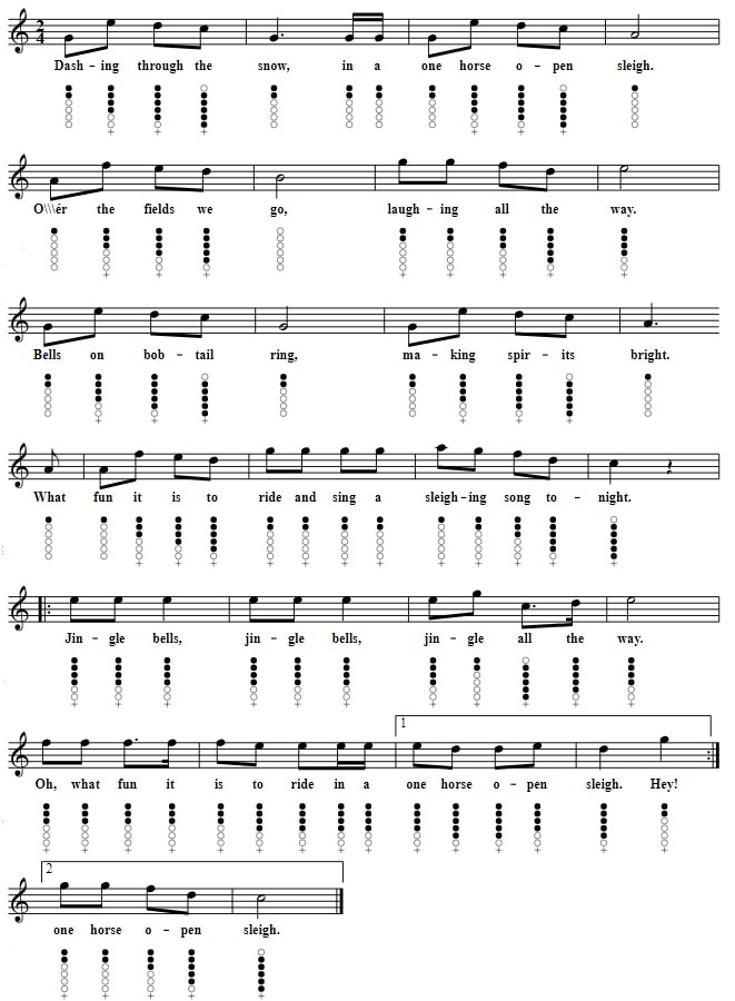 Jingle Bells sheet music for a C tin whistle