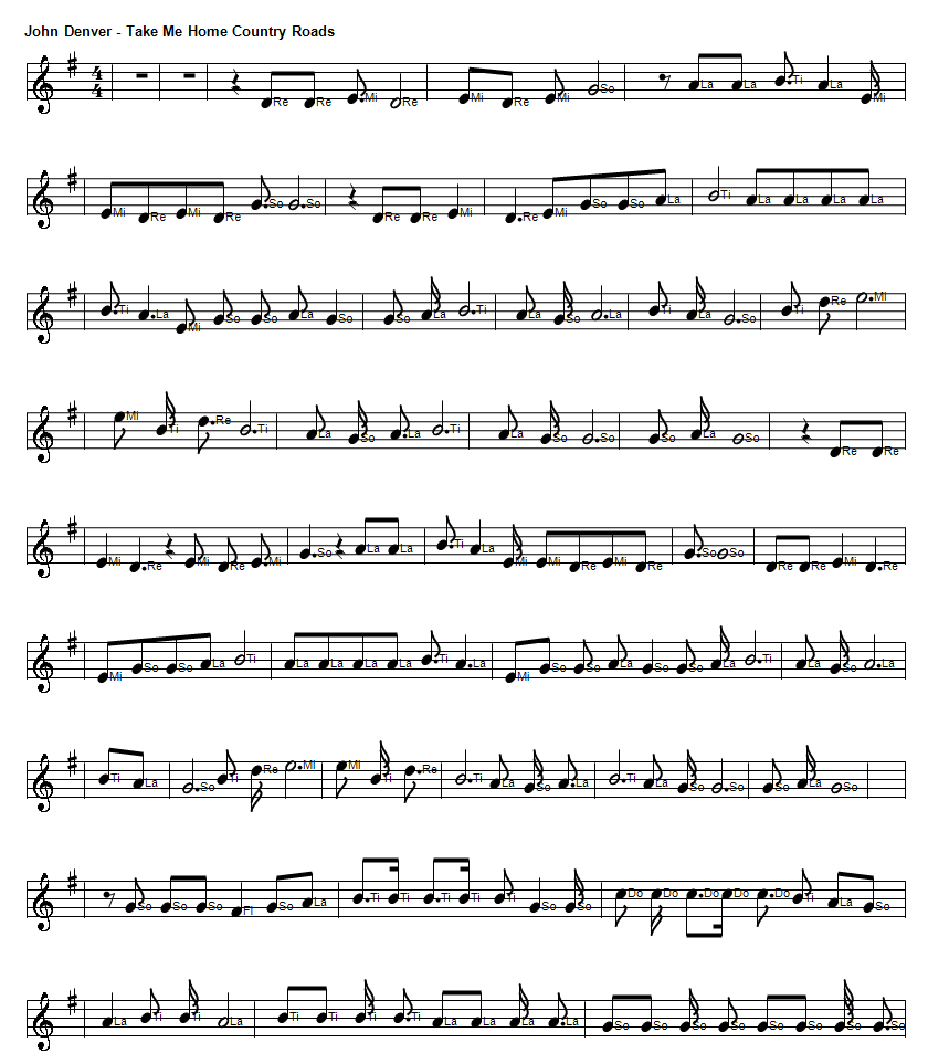 Country Roads solfege piano sheet music notes by John Denver in Do Re Mi