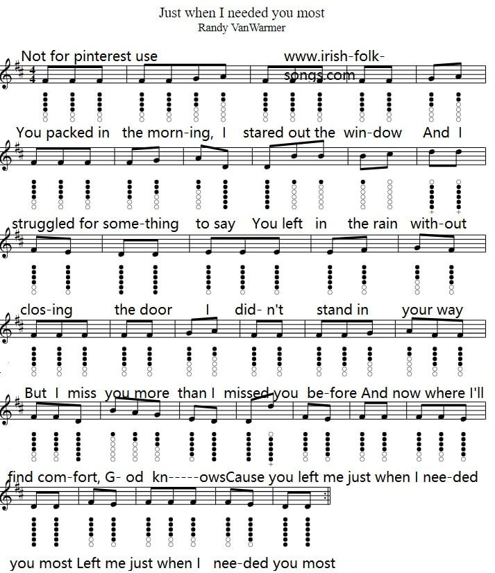 Just When I Needed You Most Tin Whistle sheet music notes