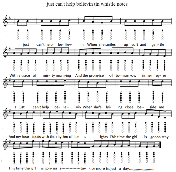 I just can't help believing tin whistle sheet music