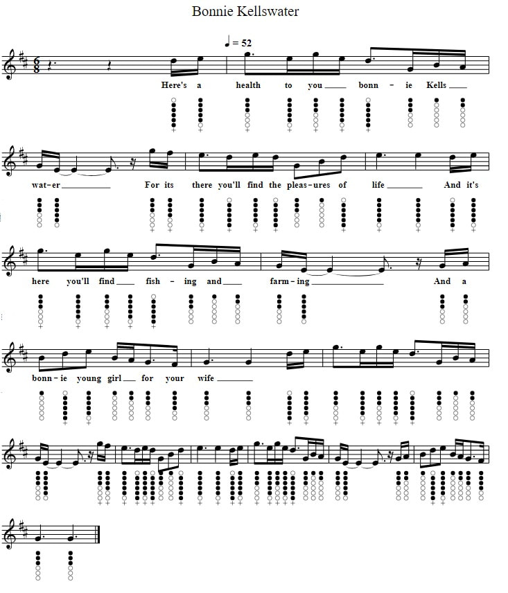 Kellswater sheet music and tin whistle notes