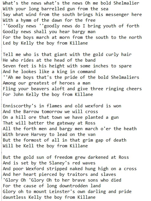 Kelly the boy from Killane lyrics by Luke Kelly