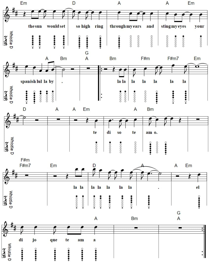 La Isla Bonita tin whistle sheet music page four