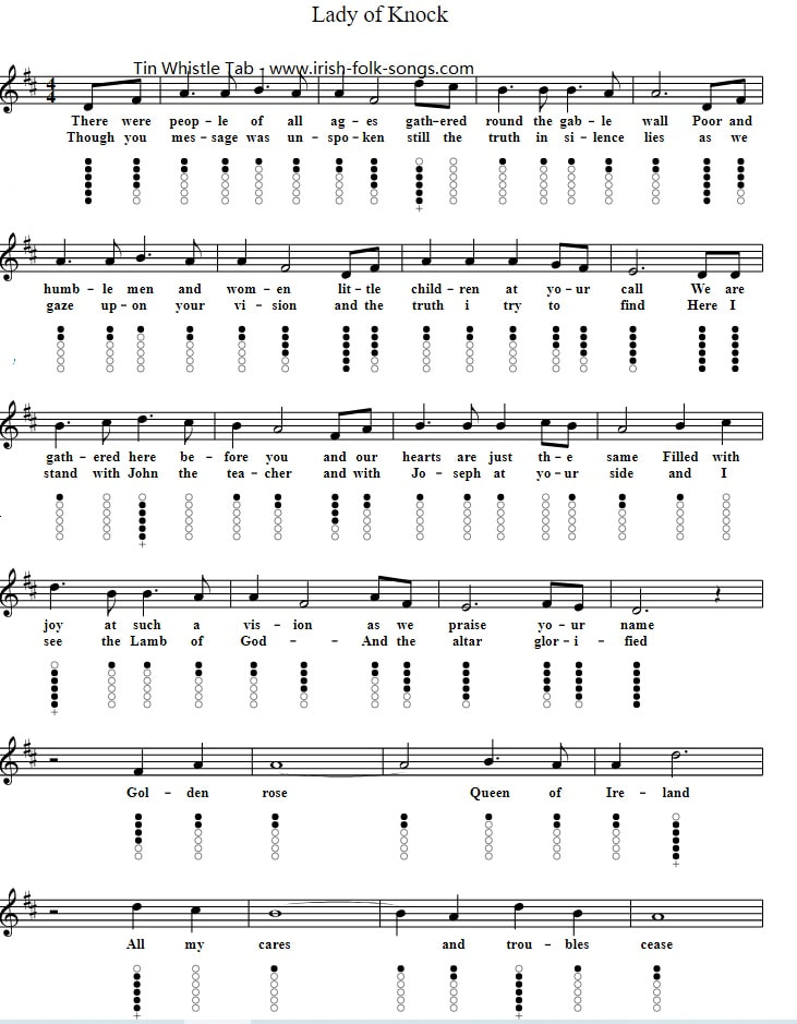 Lady of Knock tin whistle tab and sheet music in D Major