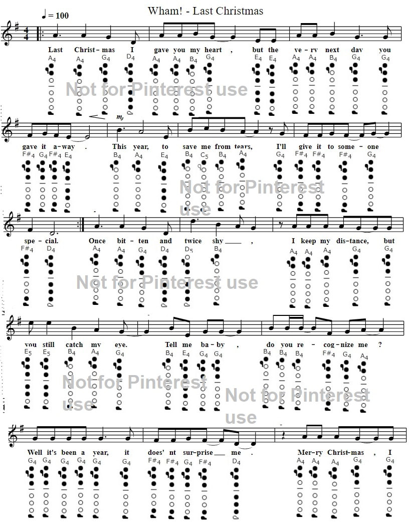 Last Christmas easy flute sheet music notes by Wham