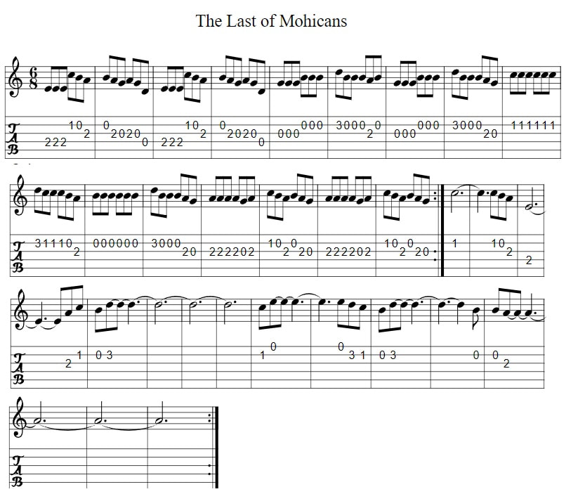 Last of the mohicans guitar tab in C Major