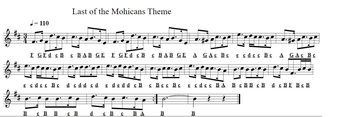 Last of the Mohicans piano letter notes