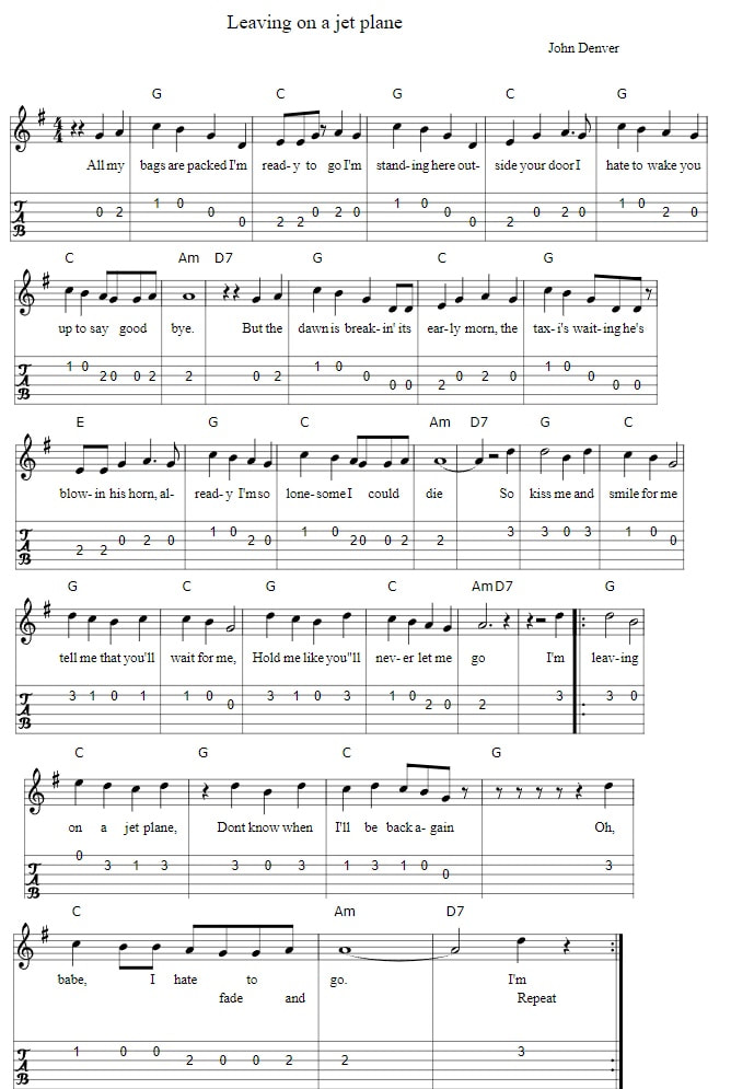 Leaving on a jet plane fingerstyle guitar tab in G