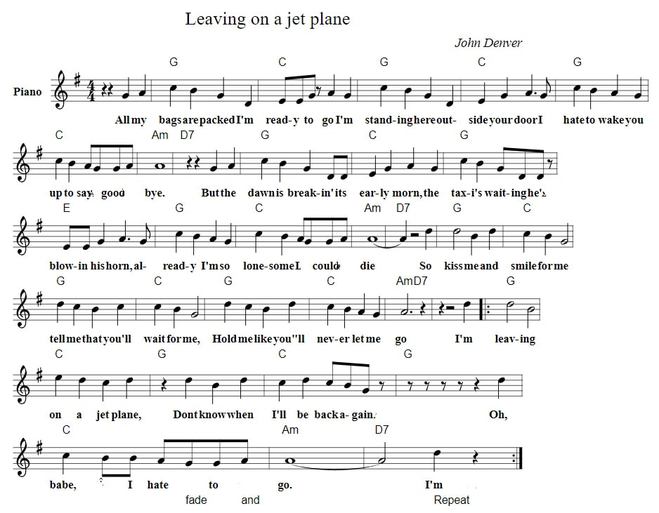 leaving on a jet plane piano chords