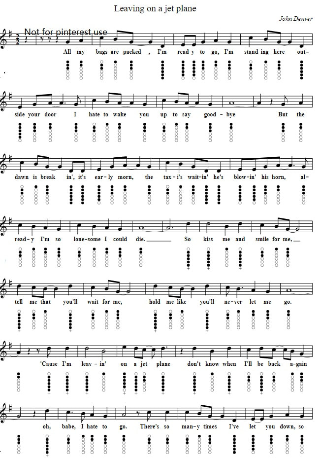 Leaving on a jet plane sheet music for Tin whistle tab