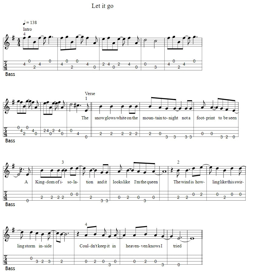 Let it go bass guitar tab from Frozen